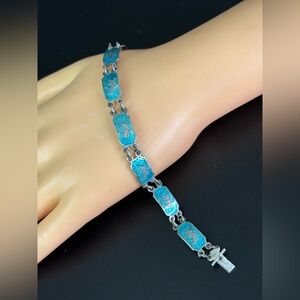 Pretty Vintage SIAM Dancers Turquoise Inlaid Link Panel Bracelet   7”